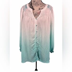 Fyve Ombre Teal White Button-Down Lightweight Shirt Women size 3X